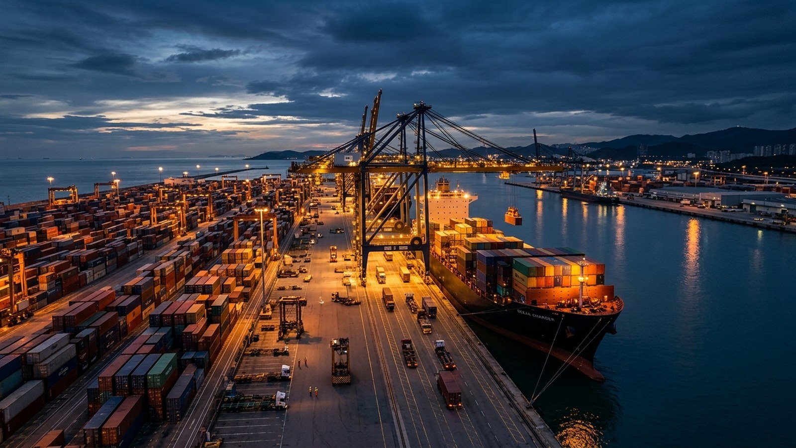Port terminal with container vessel and gantry cranes at dusk